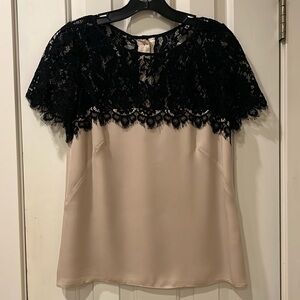 Milly | Women’s Georgette Silk light Cream/Pink Blouse with Black Lace, size 4